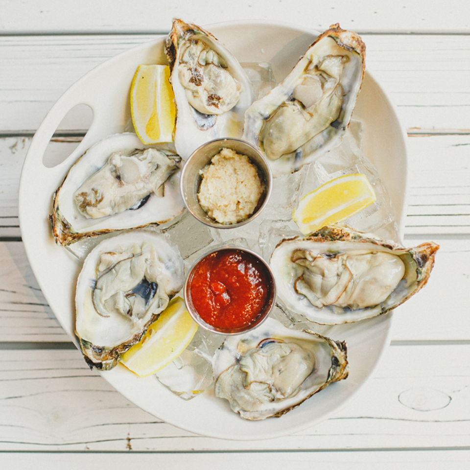 Six fresh oysters on a white plate with ice, lemon wedges, cocktail sauce, and horseradish.
